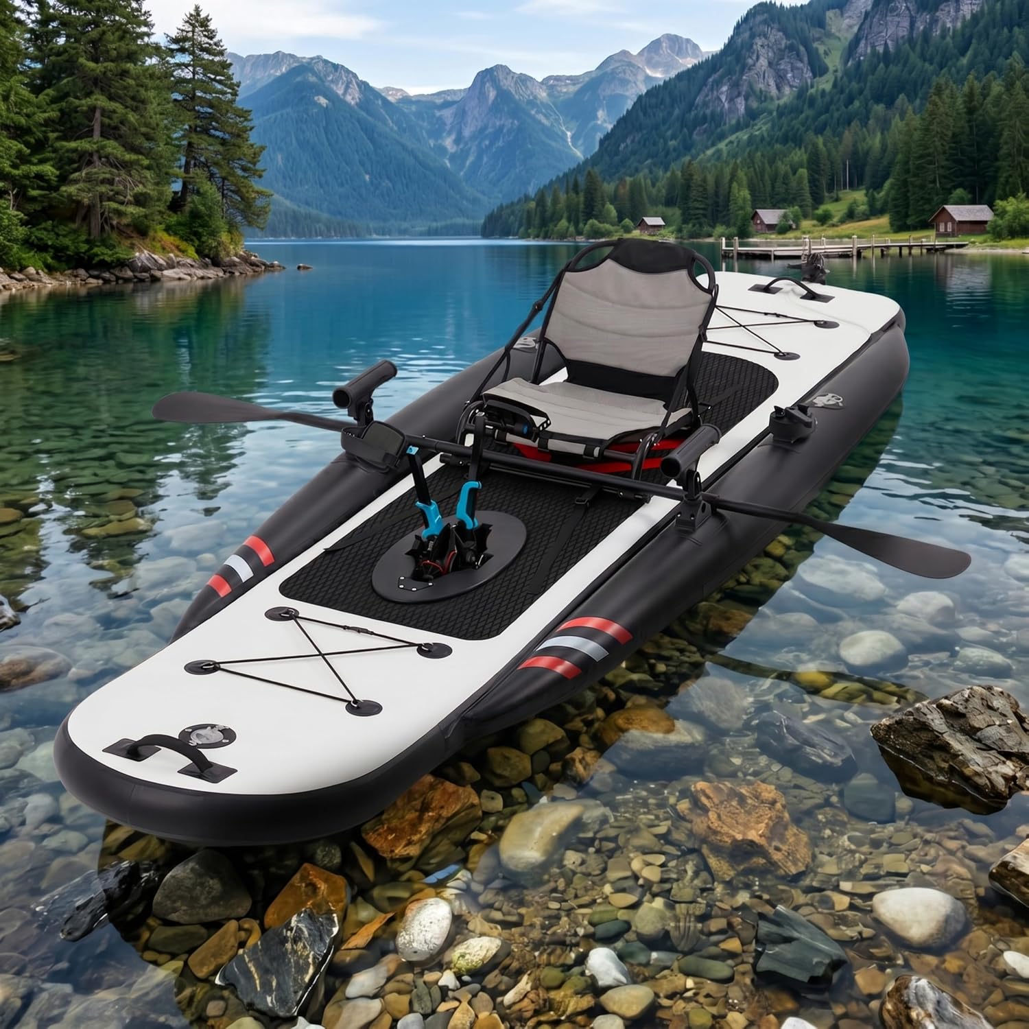 Fishing Kayak Seat - 12フィート プレミアムPVCインフレータブルフィッシングカヤック – ペダル駆動、軽量で持ち運び可能、ラダーシステム、アルミシート、アクセサリー付き、HIN付属